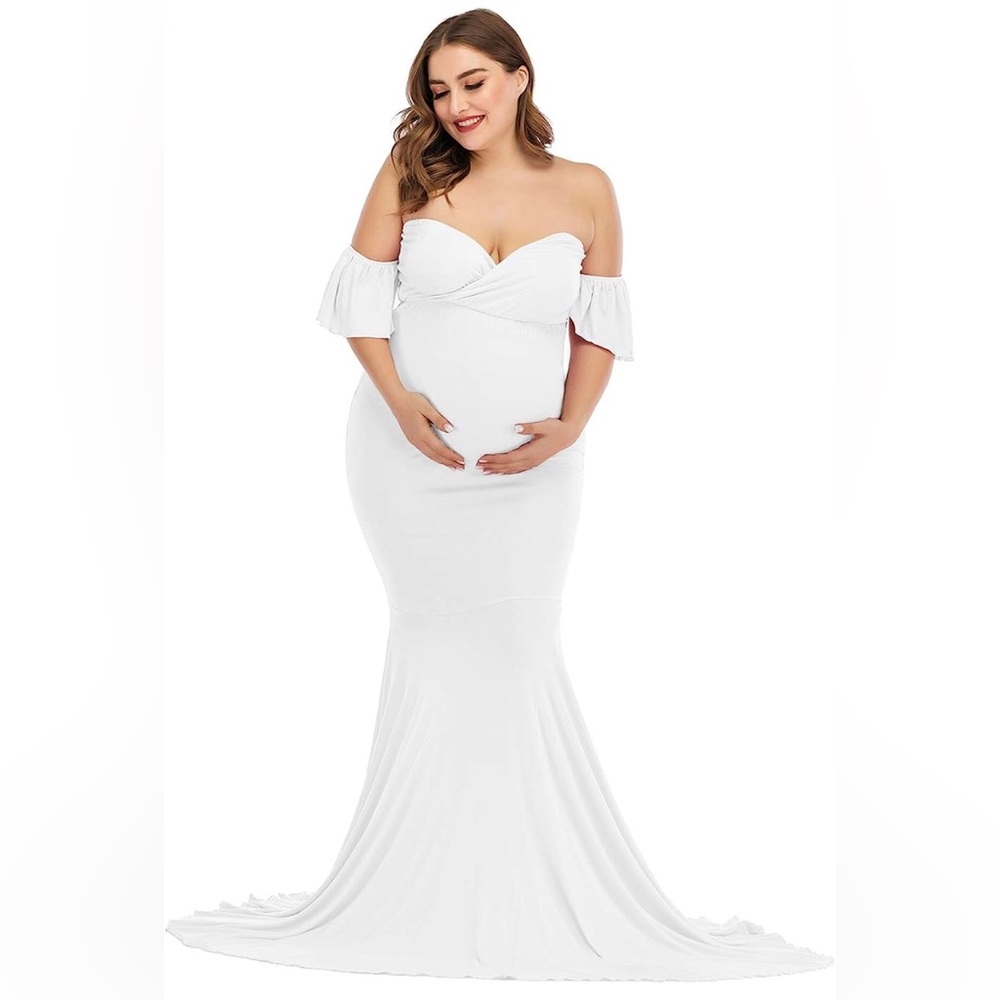 Women’s white off the shoulder deep v bodycon long tail dress in size xl - Picture 2 of 12